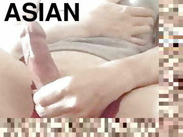 Asian crossdresser masturbates her big cock and cums