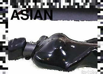 Cute Asian girl, Latex vacuum bag and mask, breathplay