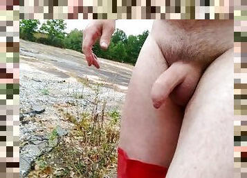 Naked walking around a parking lot in thigh high high heeled boots uncut cock cumshot