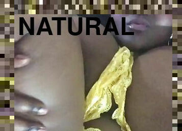 Big brown natural breast in yellow lace