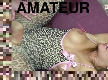 Amateur slut with small natural tits gets her pussy fucked in a leopard outfit