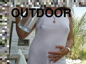 nippleringlover outdoors with no panties flashing my large gauge pierced nipples through wet t-shirt