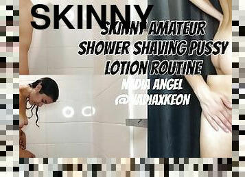 Skinny Amateur Shower Shaving Pussy Lotion Routine