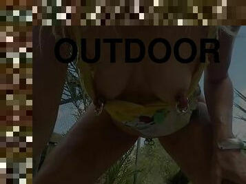 nippleringlover peeing outdoor standing up flashing pierced pussy & large gauge nipple piercings