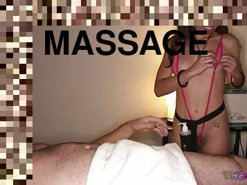Masseuse girl in bikini sucks clients cock after massage
