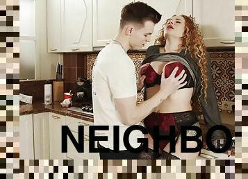 SHAME4K. Redhead with curly hair gives new neighbor cake and a blowjob