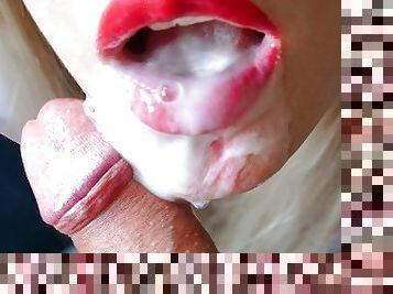 A LOT OF CUM IN MY MOUTH! I suck with red lipstick and he cum in my mouth and on tongue POV