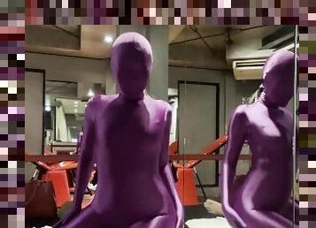 Mistress in Purple Zentai gives him Handhob to cum