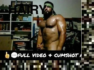 Hot Sweaty Hairy Muscle Daddy Posing Nude Smoking and Solo Masturbation in Garage