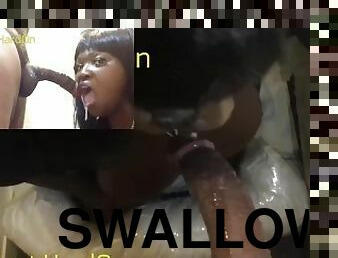 blowjob, cumshot, ebony, stor-pikk, hardcore, deepthroat, bbw, svelging, våt, pikk