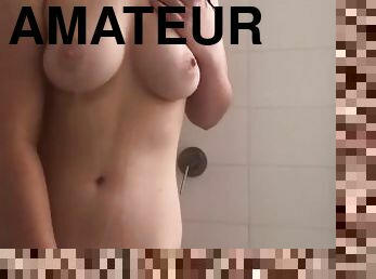 Hot brunette teen girl showering naked trying not to wake roommate up