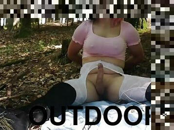 Huge handless outdoor cumshot with full sissy outfit in the woods