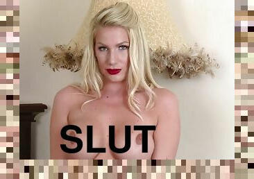 Posh blonde slut strips off lingerie and wanks in rht nylons