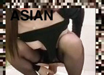 asiatisk, strømpebukse, offentlig, skolejente, shemale, tenåring, transeksuell, ladyboy, skjørtet, cum