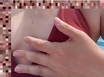 Flashing my big pierced tits at public pool ???????? follow my onlyfans for more public play