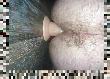 Hairy chub fucks dildo