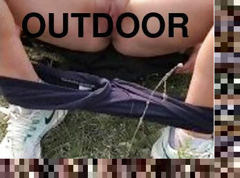 Outdoor Pussy Rub & Blowjob, wife strips down to her Nike Shoes, sucks cock & gets a Mouthful of Cum