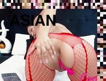 asiatisk, store-patter, hundestilling, orgasme, fisse-pussy, anal, legetøj, strømper, patter, solo