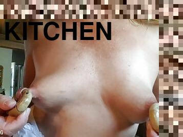 nippleringlover flashing pierced tits with monster nipple rings while working in kitchen at home