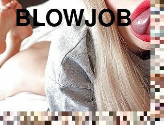 amatør, blowjob, cumshot, svelging, føtter, cum, kåt, blond, pikk, suging