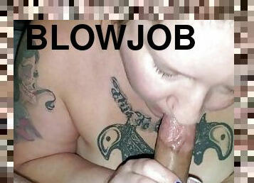 Tattooed BBW sucks cock after getting fucking