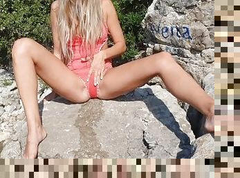 pissing, offentlig, amatør, babes, strand, blond, fetisj, alene