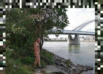 Naked under the Apollo bridge in Bratislava, Slovakia