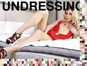 Hot Blonde Teen in Red Dress Fingers Her Insatiable Pussy - Full Video!