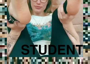 Geeky Student In Black Leggings Shows Her Amazing Feet With Her Legs U