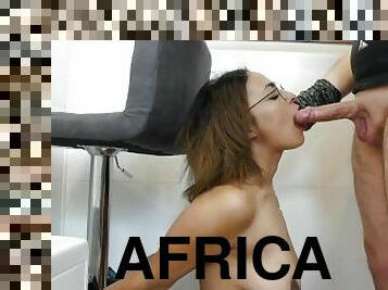 Interracial Submissive African Girl with Glasses bound and Deepthroat Blowjob