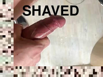 Lubed Shaved Cock - Oiled cock masturbates till it cum's on the floor