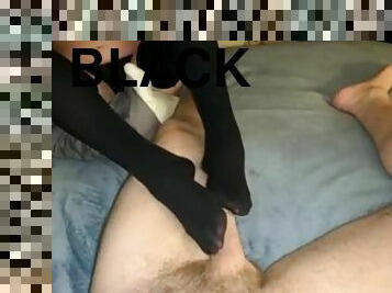 Footjob and stepping on my cock in black stockings