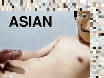 asiatisk, onani, amatør, cumshot, stor-pikk, handjob, runking, alene, pikk