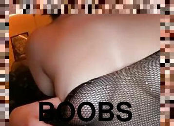 Playing with boobs in fishnets