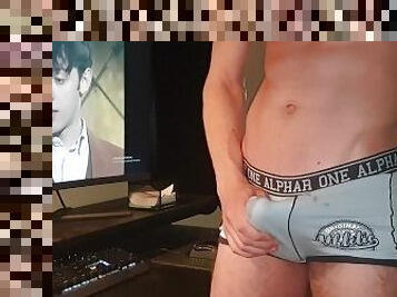Jerking To Vintage Porn Through Underwear, Cum In Boxers