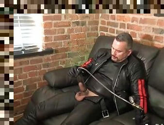 Leather guy uses penis pump on his uncut cock and cums PREVIEW