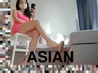 asiatisk, onani, føtter, runking, cum, fetisj, femdom