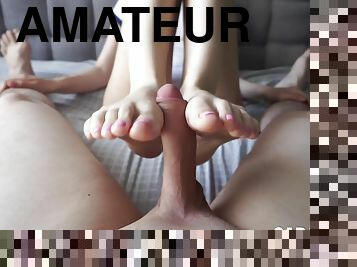 Cute Girl Jerked His Dick With Feet And He Cum On Them Footjob Footfetish - Sarah Small