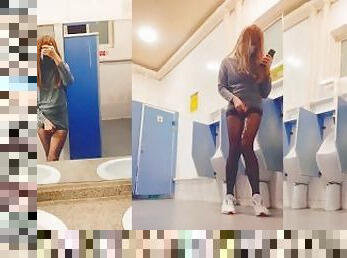 Chinese ladyboy cums on black stockings in public toilet