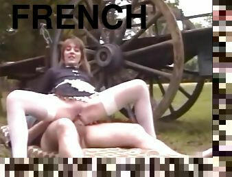 French maid in stockings fucks on a farm with huge cumshot