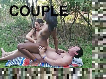 Enjoying A Threesome With A White Couple In The Forest Of A Nude Resort Sharing Cock Cum