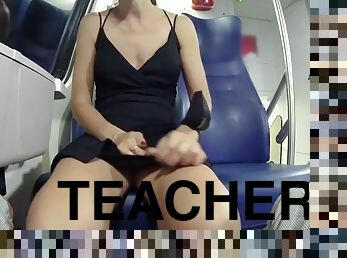 Hot teacher showing her pussy to her student on the train