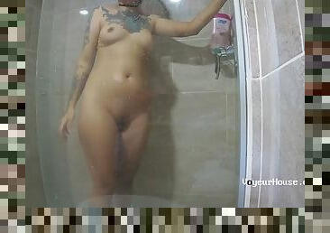 mandi, lesbian-lesbian, remaja, gambarvideo-porno-secara-eksplisit-dan-intens, kamera, pengintipan, mandi-shower