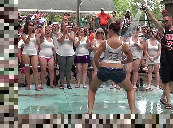 Great amateur Wet T-Shirt Contest outdoors by the pool