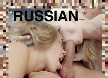 Young Russian couple invites teen blonde to have FMF threesome