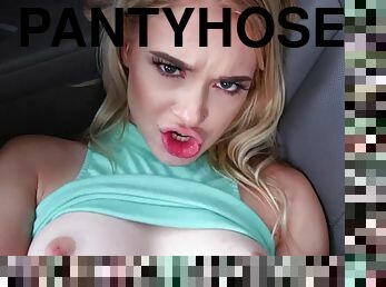 Slutty teen POV fucked in back seat in riped up fencenet pantyhose