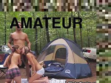 Threesome Sex camping with hotness young cutie besties