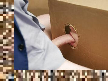 Bride to be blowing dick through shipping box hole