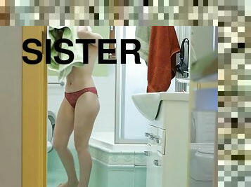 Slim stepsister dries her hair, forgetting to close the door and cant see me. AnnaHomeMix