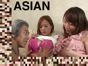 Grey-haired Asian man tests five fresh pussies at once
